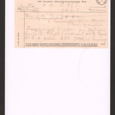 Telegram to Mrs J H Wilson 